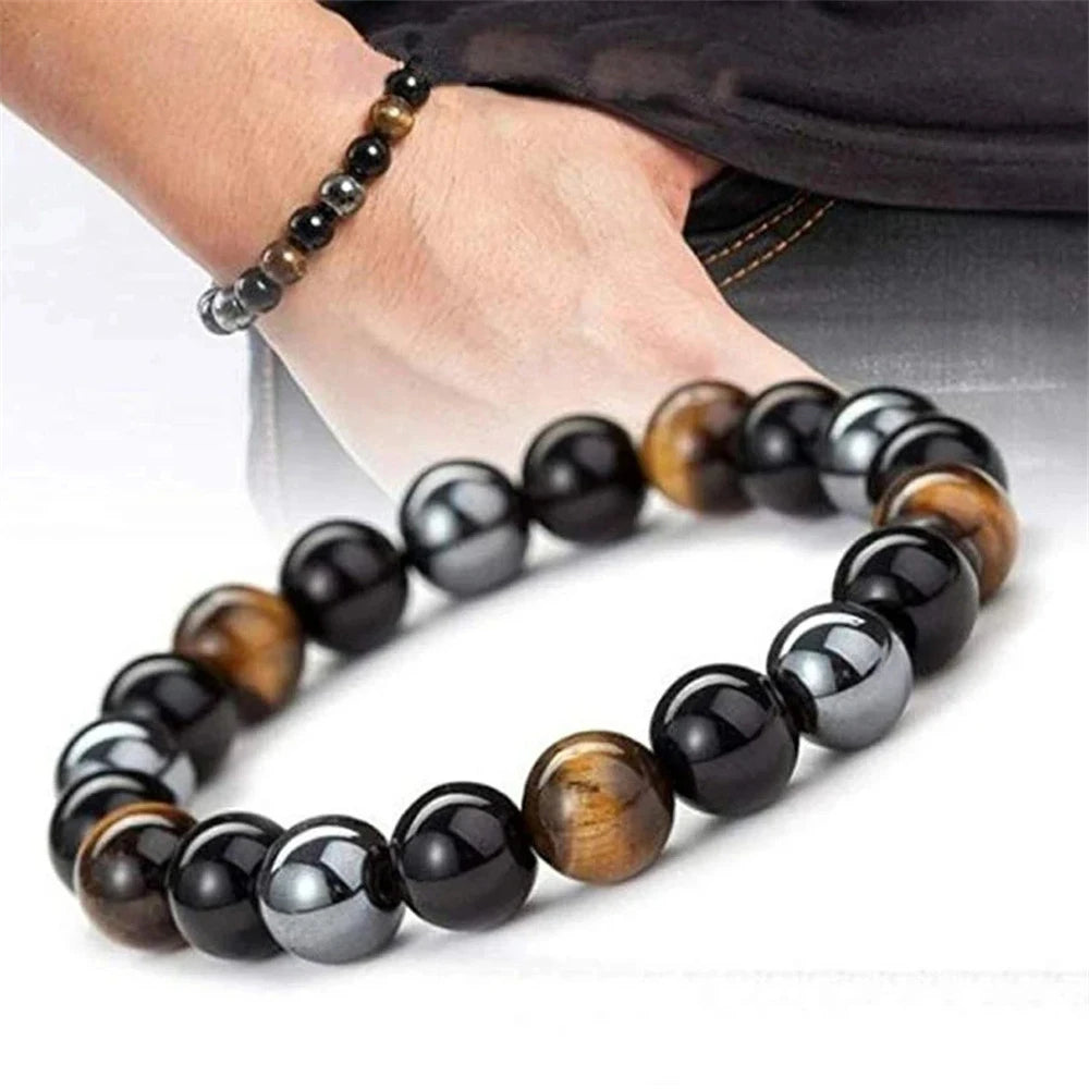 OAIITE Natural Black Obsidian Hematite Tiger Eye Bead Bracelet For Men Jewelry