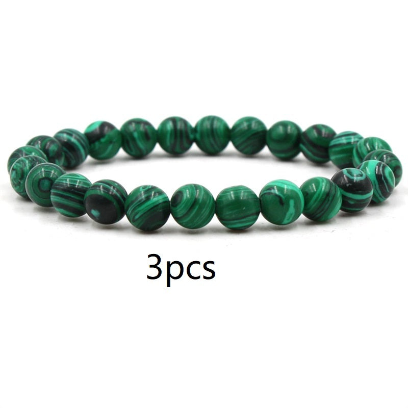 Men's Classic Black Matte Green Malachite Bracelets Elastic Strand Jewelry