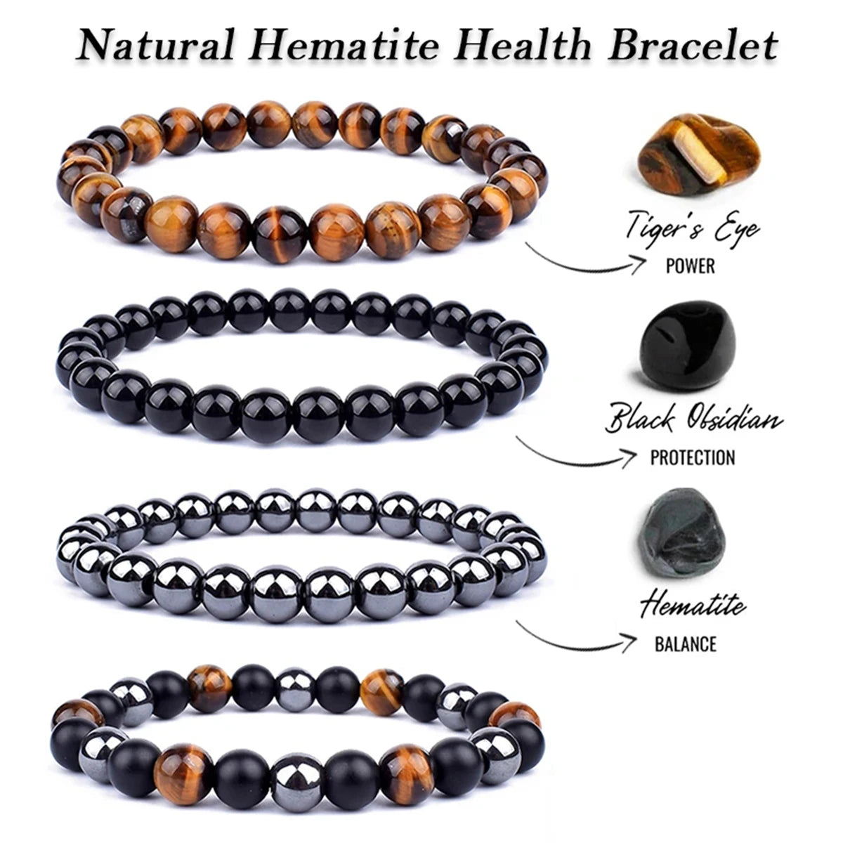OAIITE Natural Black Obsidian Hematite Tiger Eye Bead Bracelet For Men Jewelry